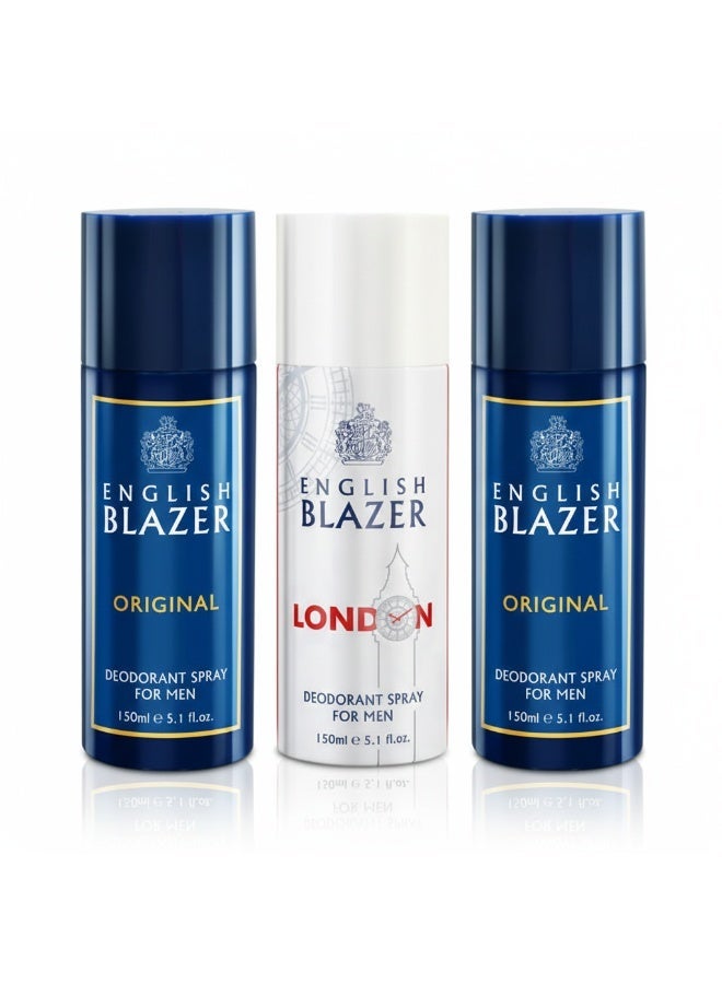 English Blazer Body Spray Set for Men (Original + London + Original), 3 × 150 ml - Image 1